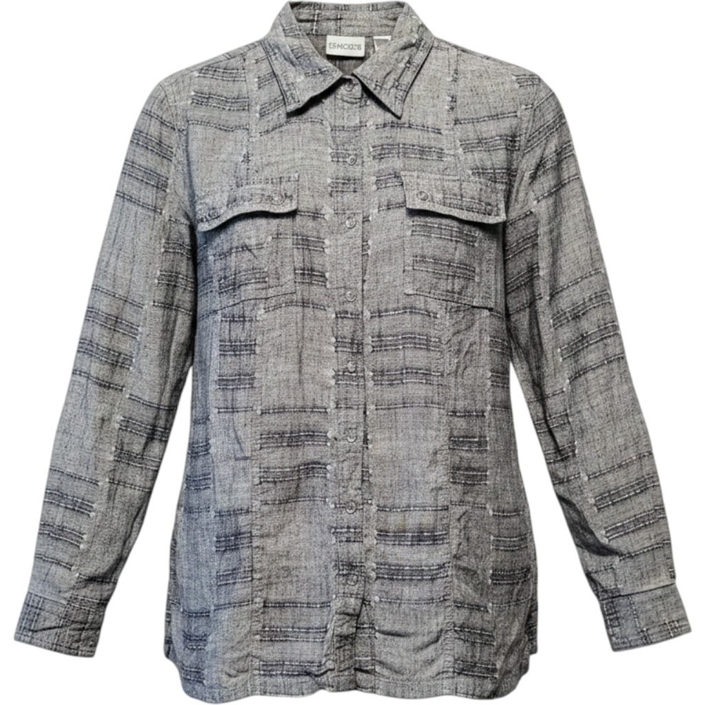 Chicos 100% Linen Button Down Shirt Womens Small Gray Textured Utility Safari